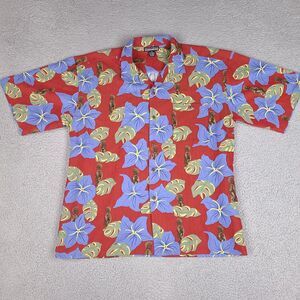 Montage Hawaiian Shirt Mens Large Red Hibiscus Floral Microfiber Button‎ Down